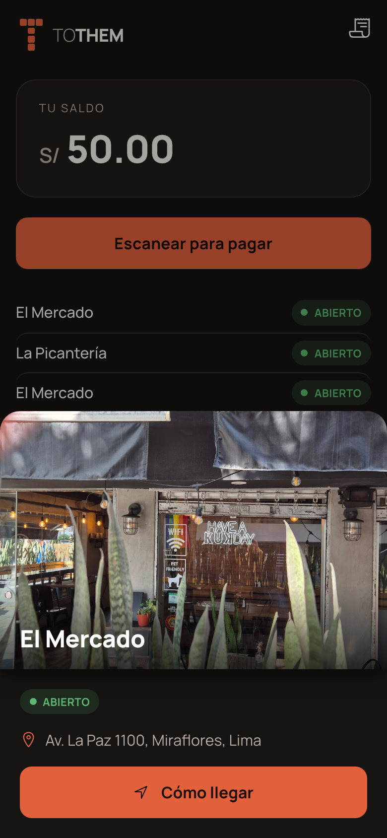 App del comensal Tothem mostrando el saldo en soles, restaurantes abiertos y la ficha de un restaurante en Miraflores con su foto y dirección.