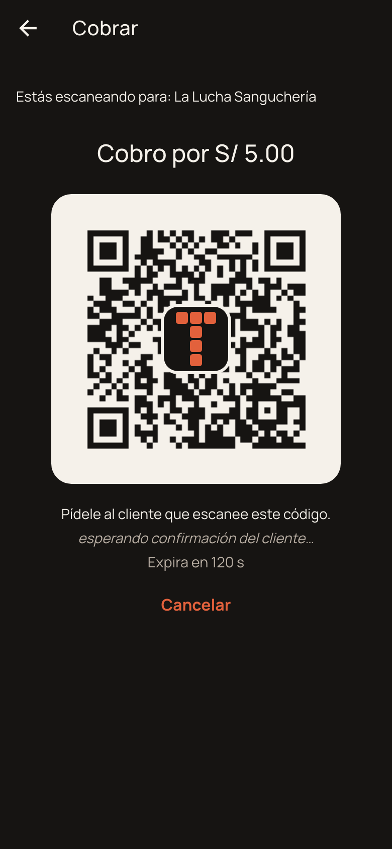 App del restaurante Tothem mostrando la pantalla de cobro con un código QR para que el comensal escanee y confirme el monto.